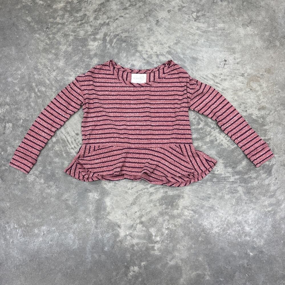 Free People We The Free Pink Black Striped Thermal Waffle Knit Peplum Top XS